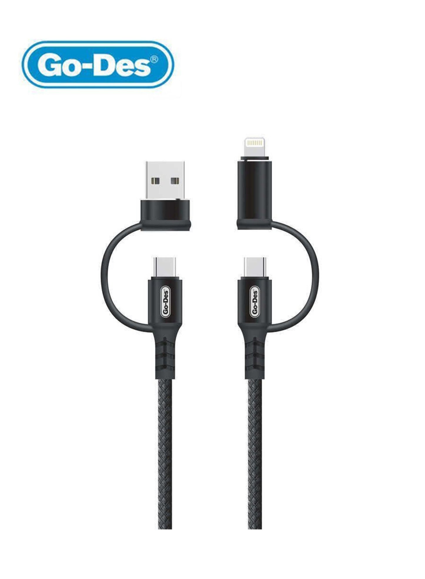 4-in-1 Charging Cable with 2 USB-C, USB-A, and Lightning Connectors GD-UC587