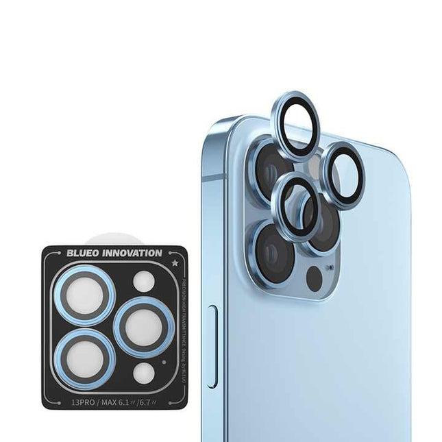 BLUEO NPB27 Original Metal Frame Lens Protector Glass (3 pcs/package) for iPhone 15 Pro (6.1″) - Blue