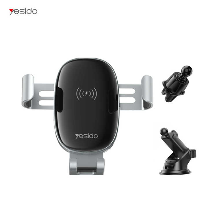 حامل هاتف لاسلكي للسيارة من سبائك الألومنيوم بقوة 15 واط من Yesido C123 (2 في 1: AC Clip and Suction Mount)