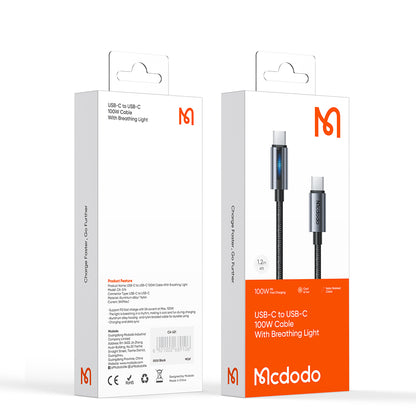 كابل شحن وبيانات USB-C إلى USB-C بقوة 100 واط بطول 1.2 متر من Mcdodo Breathing Light CA-5740