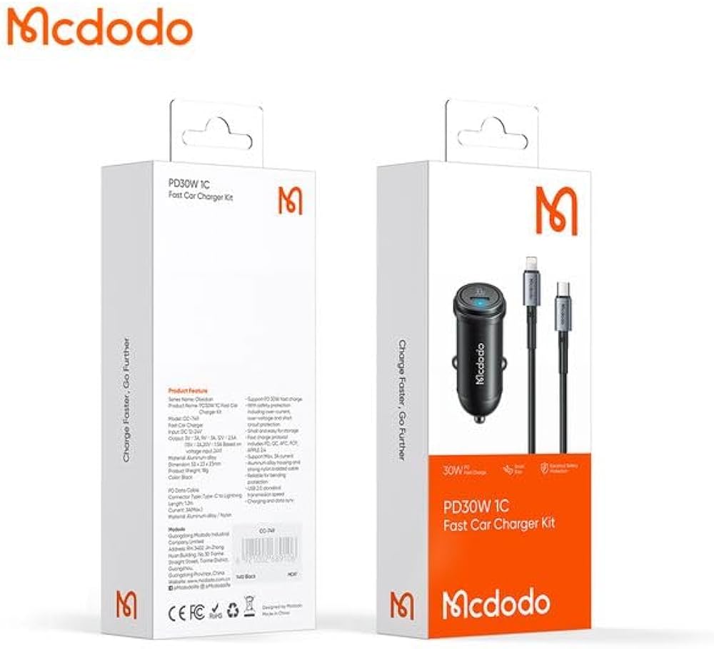 Mcdodo 30W PD Fast Car Charger with USB-C to Lightning Cable CC-7492