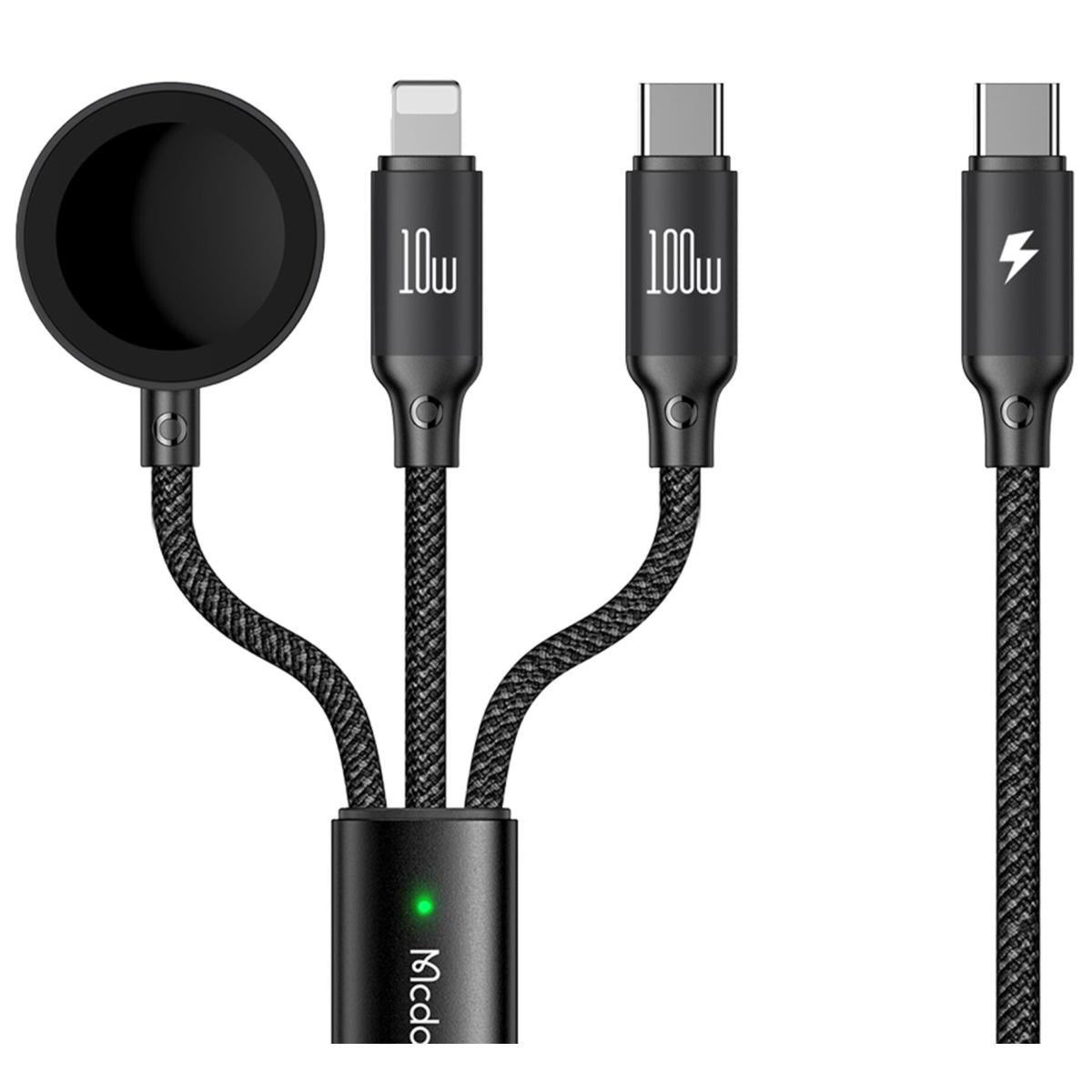 كابل شحن Mcdodo 3 في 1 USB-C إلى USB-C + Lightning شاحن لاسلكي لساعة Apple بقوة 100 واط بطول 1.2 متر CA-4940