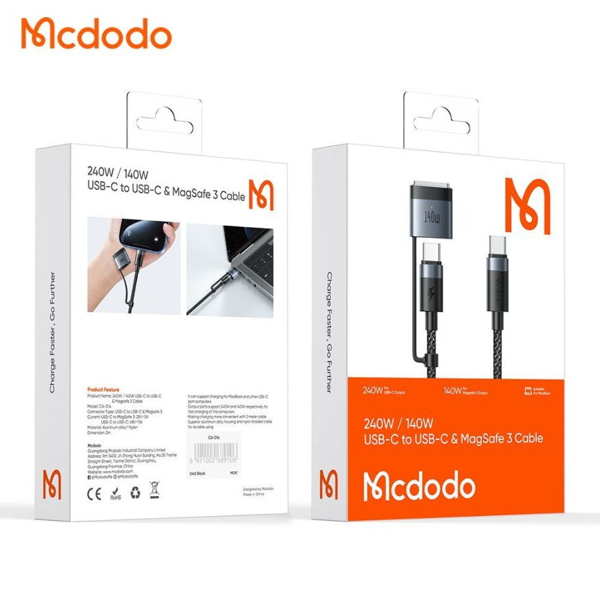 كابل Mcdodo 140 واط USB-C إلى USB-C + MagSafe 3 بطول 2 متر CA-0140