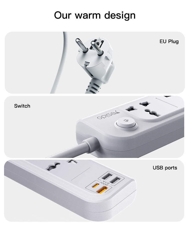 Yesido MC18 2-Meter EU Standard Power Socket with Fast Charging