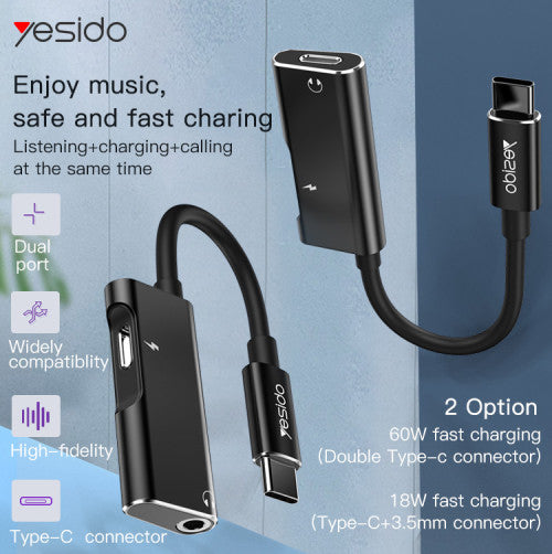 Yesido YAU22 Aluminum Alloy 2-in-1 Type-C to Type-C and 3.5mm Audio